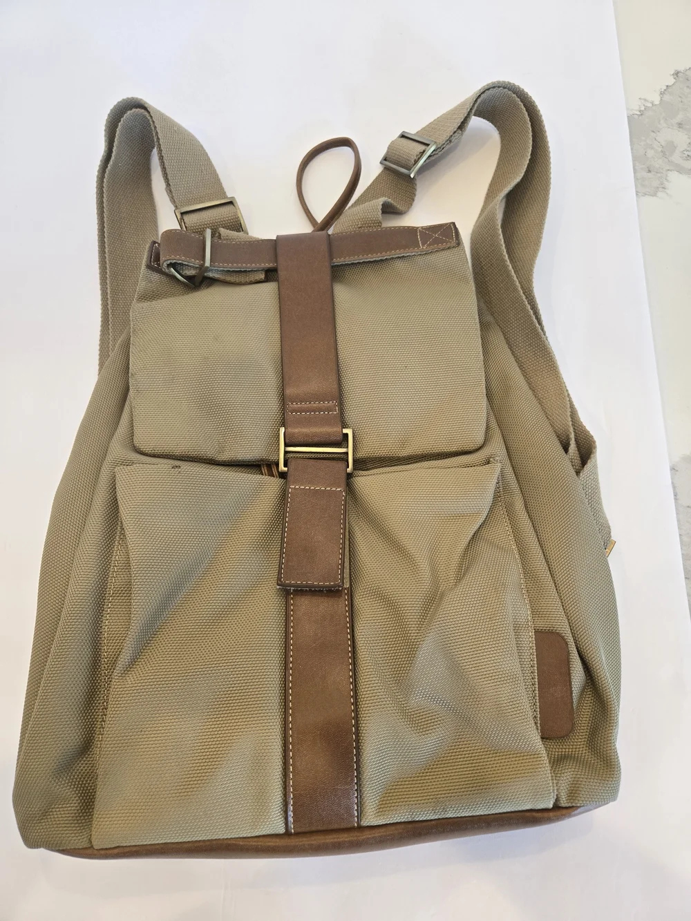 Khaki Canvas Backpack with Brown Trim for Women